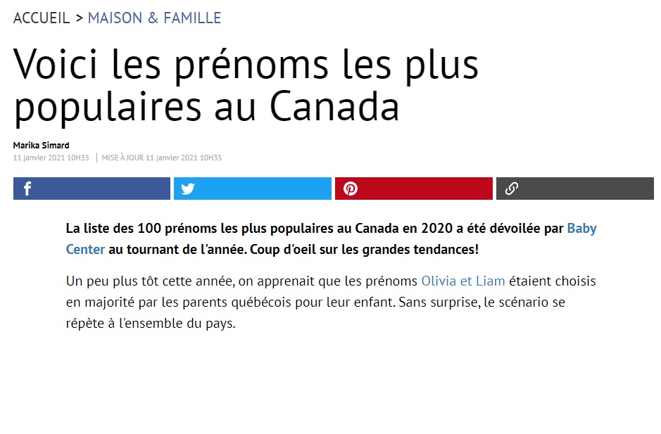 Voici Les Prénoms Les Plus Populaires Du Canada